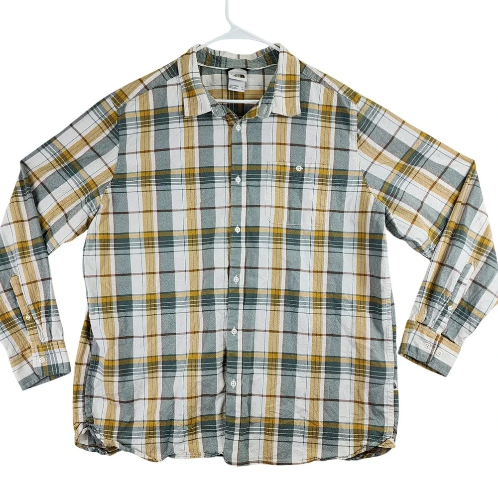 The North Face Plaid Button Down Shirt Mens‎ XXL Yellow Grey Long Sleeve Hiking
